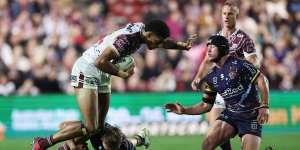 Melbourne hit back just before half-time but Manly still hold the upper hand