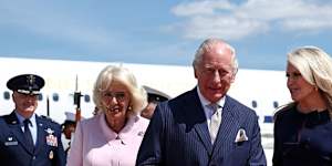 King Charles III and Queen Camilla after their plane landed at Joint Base Andrews for a four-day US state visit.