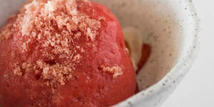 Watermelon ice-cream,strawberry,lychee and pomegranate.