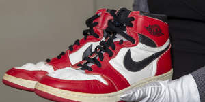 A pair of Air Jordan 1s,from 1985,that were worn by Michael Jordan. His trailblazing deal with Nike formed the foundation of his fortune.