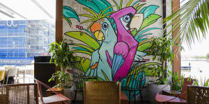 Betti Bravo's large parrot mural.