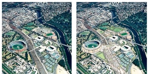 Drawings devised for a 2001 project called ‘the Yarra Plan’ which promoted the idea of building over the railway lines to patch the Melbourne and Olympic Park precinct up with the city.