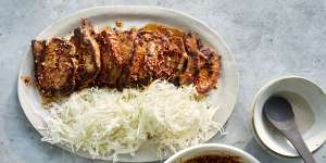 Miso-marinated pork with quick-pickled cucumber and sesame kimchi.