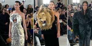 Shalom Harlow,Irina Shayk and Naomi Campbell walk in designer Daniel Roseberry’s tribute to Dante’s ‘Inferno’ at the Paris haute couture show for Schiaparelli.