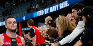 Brad Crouch celebrates with Saints fans after the win over Carlton.