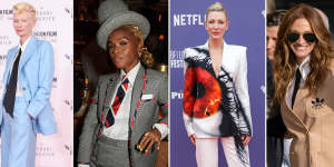 Tilda Swinton wearing a Bella Freud suit at a London screening of ‘The Eternal Daughter’;Janelle Monae in Thom Browne at the London Film Festival;Cate Blanchett in Alexander McQueen at the London Film Festival;Julia Roberts in Adidas x Gucci on the ‘Ticket to Paradise’ press tour.