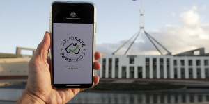 Generic photo of COVIDsafe tracing app launched by the Australian government in response to the COVID-19 coronavirus pandemic seen on a mobile phone in front of Parliament House in Canberra on Sunday 26 April 2020. 