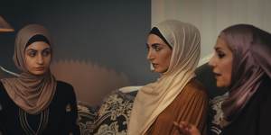Batul (Maia Abbas),left,is one of the newly elected Sheikh Mohammad’s daughters,and has serious ambitions of her own. Jamila (Priscilla Doueihy),centre,is the daughter of his rival,Sheikh Shaaker.