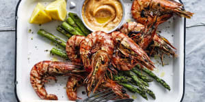 Barbecued prawns and asparagus with lemon pepper mayonnaise.