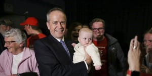 Labor leader Bill Shorten campaigned in a hipster beer bar with Labor supporters - and baby Phoebe - in Launceston on Monday.