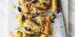 Andrew McConnell's anchovy,onion and olive tart.