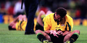 Graham Arnold cut a shattered figure after Australia’s 2-2 draw with Iran in 1997 - his last match for his country.