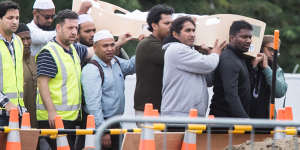 Mourners carry the coffin of Hussein Moustafa after the Christchurch massacre.