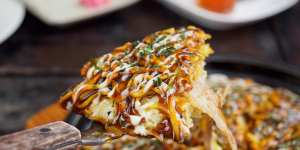 Greasy and satisfying:don’t leave without trying the Osaka-style okonomiyaki pancake.