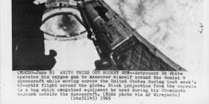 Astronaut Ed White operates his oxygen gun to manoeuvre himself around the Gemini 4 spacecraft.