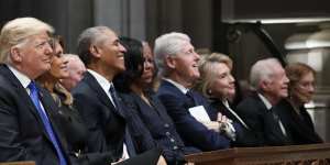 At the 2018 funeral for former president George H.W. Bush,from left:then president Donald Trump and first lady Melania Trump,Barack and Michelle Obama,and Bill and Hillary Clinton.