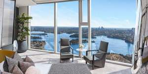 The four-bedroom,four-bathroom apartment is one of the few apartments up for resale in the Barangaroo tower.