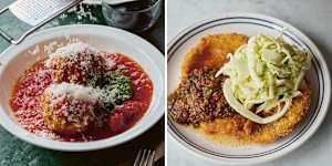 Meatballs with basil pesto (left);chicken schnitzel,burnt salsa,fennel slaw.