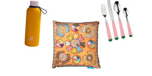 “Colour Theory” flask;“Nomad Suzani” outdoor cushion;16-piece cutlery set. 