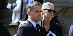 Lachlan and Sarah Murdoch at the funeral of Brian Walsh in Sydney this week.