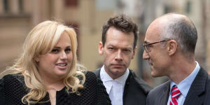 Rebel Wilson with her legal team in her defamation case against Woman's Day,including barrister Matthew Collins,QC (centre).