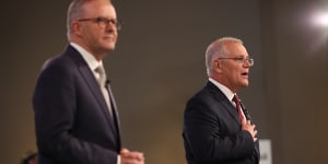 Anthony Albanese and Scott Morrison at the first leaders’ debate of the 2022 federal election campaign.