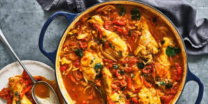 Roman-style chicken with peppers,onions and tomatoes.
