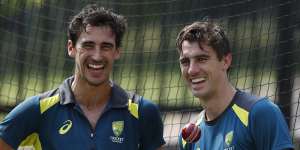 Mitchell Starc and Pat Cummins in the nets at the MCG during the 2021-22 Ashes series. 