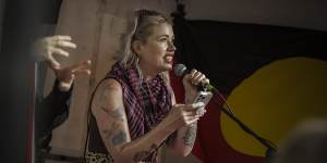 Clementine Ford speaking at a pro-Palestine rally at the State Library of Victoria last month.