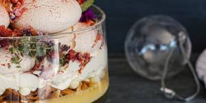 Botanical gin trifle with (pictured from bottom) gin and tonic jelly,lemon curd,macadamia crumble,gin-spiked cream,mini pavlovas and honeycomb.