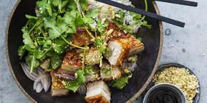 Crispy pork belly with coriander,peanuts and red onion salad. 