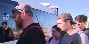 Tourists leave Exmouth via bus to drive almost six hours to Karratha,where they will be flown back to Perth. Picture:9News Perth