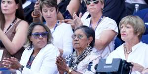 Cathy Freeman,her mother Cecelia and Margaret Court watch on during the women's singles semi-final match between Ash Barty and Sofia Kenin.