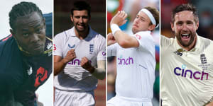 England pacemen Jofra Archer,Mark Wood,Stuart Broad and Chris Woakes.