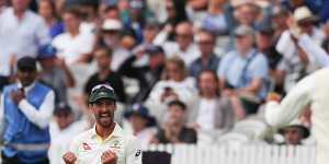 Mitchell Starc reacts before his catch to dismiss Ben Duckett was ruled not out.