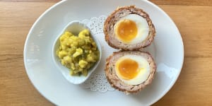 Scotch egg with a sausage mince of pork neck,bacon,sage and white pepper.