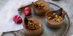 Easter dessert:Chocolate gianduja mousse with hazelnut praline.