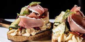 The bruschetta of the day changes with the seasons,with the charred bread perhaps topped with ricotta mousse,tomato,shaved zucchini and prosciutto.