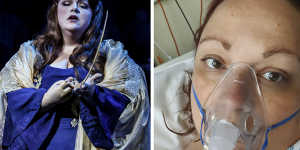 Australian opera singer Helena Dix,performing in Norma for Melbourne Opera last year (left),and in a British hospital (right) after developing a large blood clot in her lungs.