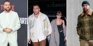 Travis Kelce in a mint Lanvin suit at the Los Angeles premiere of ‘The Quarterback’ in July;in Bode holding hands with Taylor Swift in New York in October;wearing the Elder Statesman at the Arrowhead Stadium in Kansas City,Missouri.