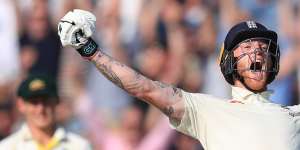 Ben Stokes celebrates victory after his stunning century at Headingley.