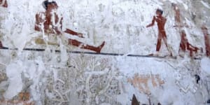 Wall paintings inside a 4400-year-old tomb near the pyramids outside Cairo,Egypt. 