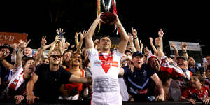 Lewis Dodd celebrates the World Club Challenge last year in Penrith.