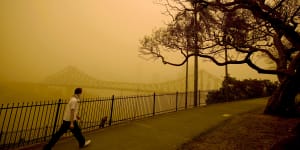 Climate change is expected to exacerbate the need for new water sources in south-east Queensland. Pictured is Brisbane in 2009 during severe dust storms.