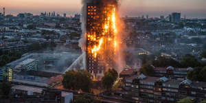 London's Grenfell tower,which was covered in flammable cladding,burns in 2017,killing 72.