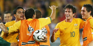 Harry Kewell celebrates during the 2006 World Cup in Germany after the Socceroos progress to the knock-out phase.
