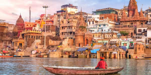 Ancient Varanasi and the Ganges river ghat.