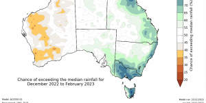 A map showing the chances of rainfall above the median over summer.