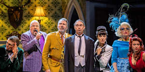 Some of the cast of Cluedo (left to right):Laurence Boxhall,David James,Adam Murphy,Grant Piro,Rachael Beck,Genevieve Lemon and Olivia Deeble. 