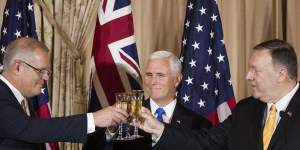 Then-PM Scott Morrison was toasted by then-vice president Mike Pence,centre,and then-secretary of state Mike Pompeo,right,in Washington in 2019.